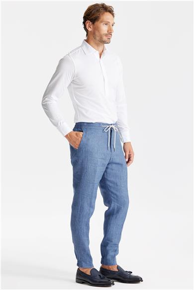 Mavi Beli Kordonlu Keten Pantolon