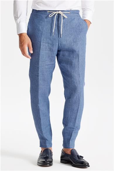 Mavi Beli Kordonlu Keten Pantolon