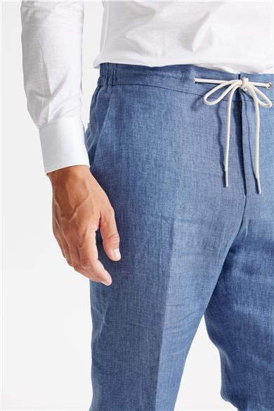 Mavi Beli Kordonlu Keten Pantolon