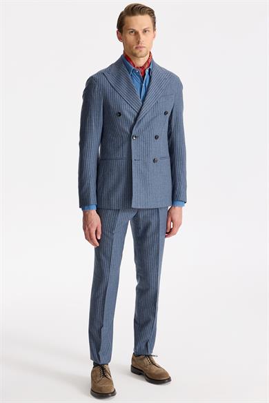 Mavi Çizgili Kruvaze Yün Takım Elbise