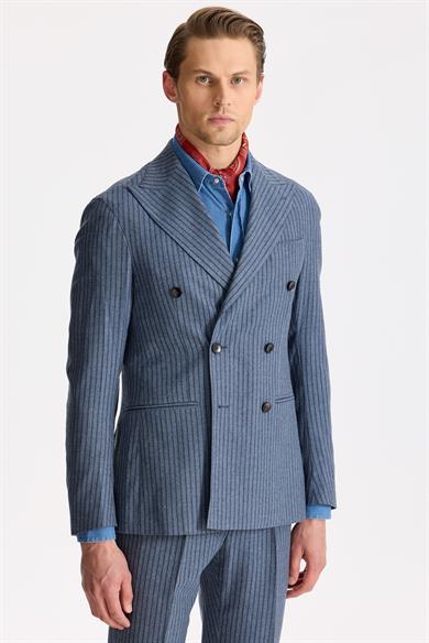 Mavi Çizgili Kruvaze Yün Takım Elbise