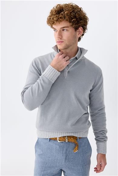 Mavi Düğmeli Trio Yaka Kaşmir Kazak