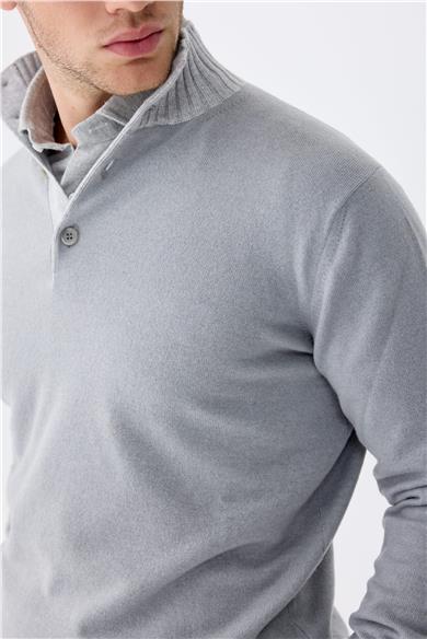 Mavi Düğmeli Trio Yaka Kaşmir Kazak