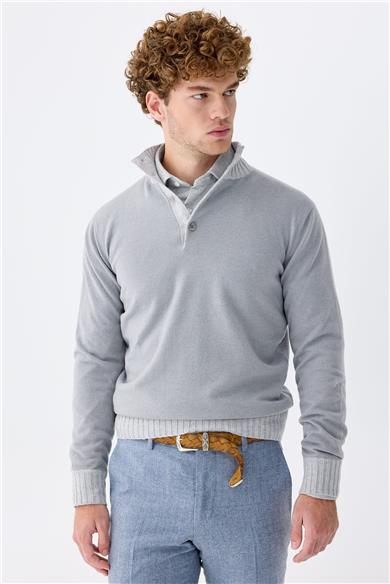 Mavi Düğmeli Trio Yaka Kaşmir Kazak