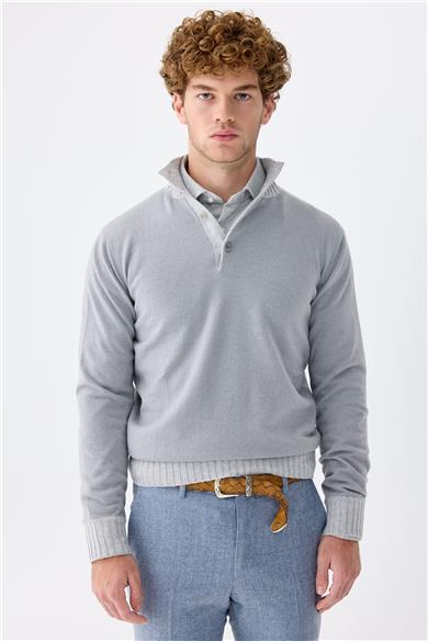 Mavi Düğmeli Trio Yaka Kaşmir Kazak