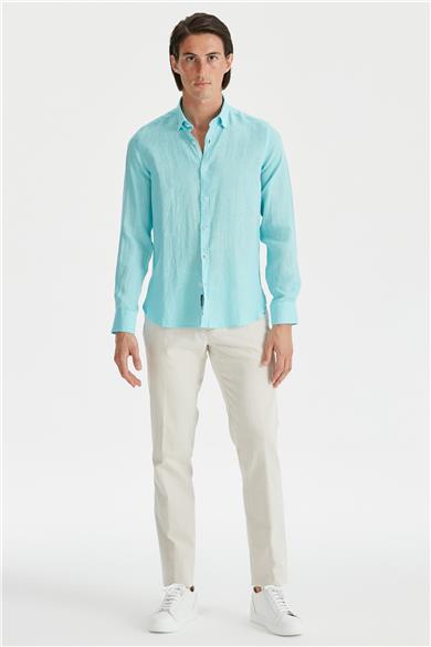 Mavi Erkek Keten Gömlek