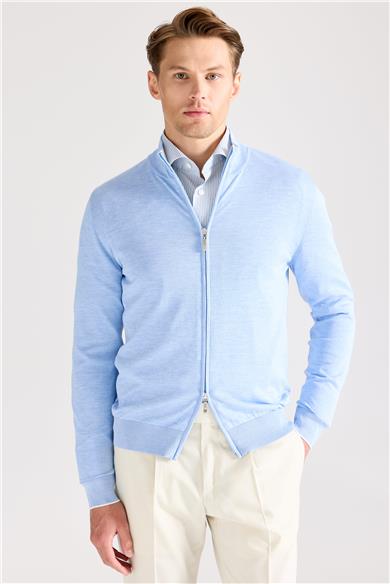 Mavi Fermuarlı Pamuk İpek Hırka