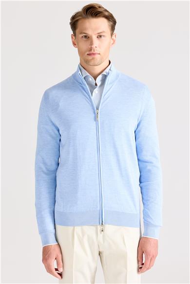 Mavi Fermuarlı Pamuk İpek Hırka