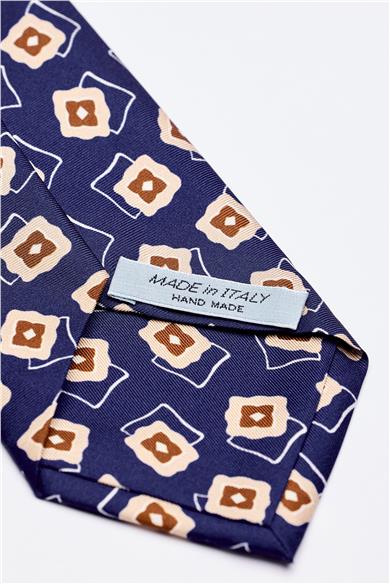 Mavi Kahve Desenli 7 Fold İpek Kravat