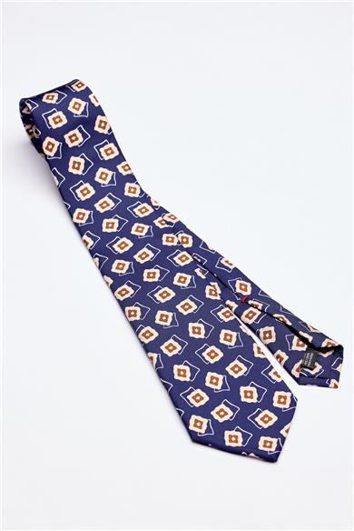 Mavi Kahve Desenli 7 Fold İpek Kravat