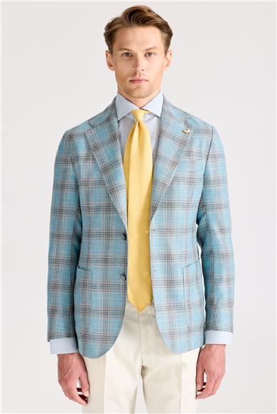 Mavi Kahverengi Kareli Yün İpek Ceket