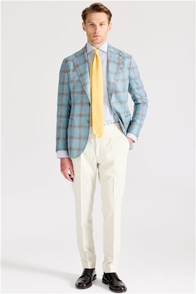 Mavi Kahverengi Kareli Yün İpek Ceket