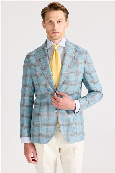 Mavi Kahverengi Kareli Yün İpek Ceket