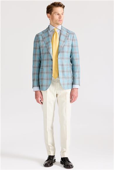 Mavi Kahverengi Kareli Yün İpek Ceket