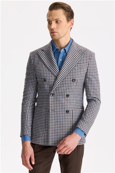 Mavi Kahverengi Kruvaze Yün Ceket