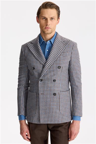 Mavi Kahverengi Kruvaze Yün Ceket