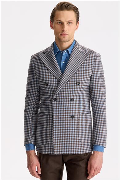 Mavi Kahverengi Kruvaze Yün Ceket