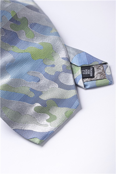 Mavi Kamuflaj Desenli İpek Kravat