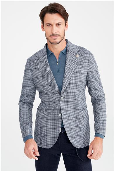 Mavi Kareli Yün Ceket