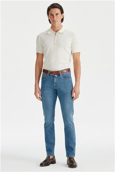 Mavi Keten Karışımlı Denim Pantolon