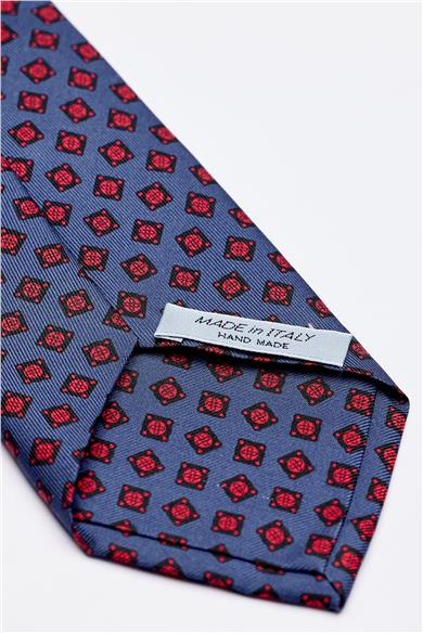 Mavi Kırmızı Desenli 7 Fold İpek Kravat