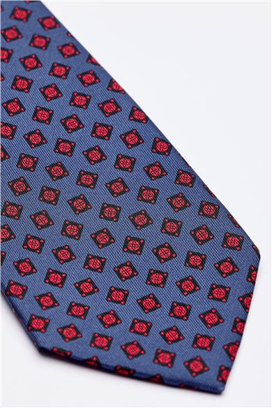 Mavi Kırmızı Desenli 7 Fold İpek Kravat