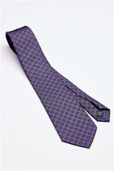Mavi Kırmızı Desenli 7 Fold İpek Kravat