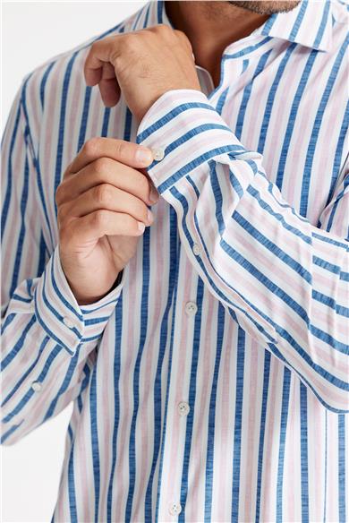 Mavi Pembe Çizgili Teknik Kumaş Gömlek