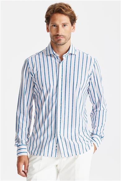 Mavi Pembe Çizgili Teknik Kumaş Gömlek