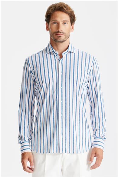 Mavi Pembe Çizgili Teknik Kumaş Gömlek