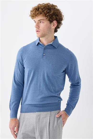 Mavi Polo Yaka Yün İpek Kaşmir Triko