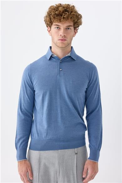 Mavi Polo Yaka Yün İpek Kaşmir Triko