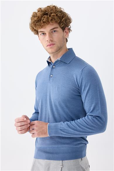 Mavi Polo Yaka Yün İpek Kaşmir Triko