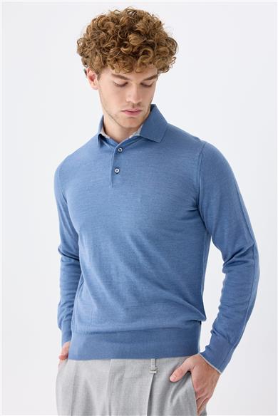 Mavi Polo Yaka Yün İpek Kaşmir Triko