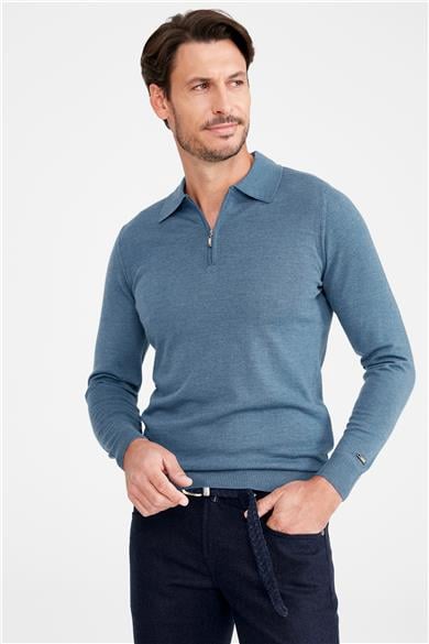 Mavi Polo Yaka Yün Triko