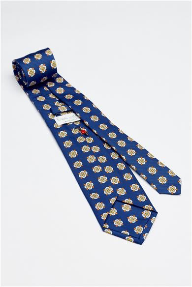 Mavi Sarı Napoli  Desen Seven Fold İpek Kravat