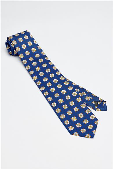 Mavi Sarı Napoli  Desen Seven Fold İpek Kravat