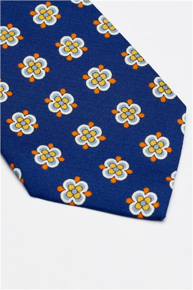 Mavi Sarı Napoli  Desen Seven Fold İpek Kravat