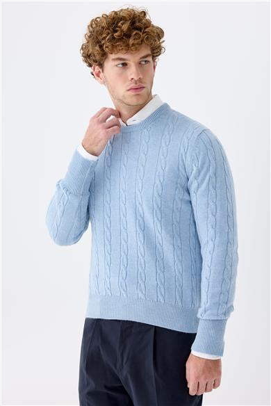 Mavi Sıfır Yaka Kaşmir Kazak