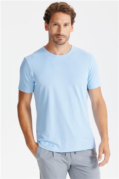 Mavi Sıfır Yaka Oxford Teknik Kumaş T-shirt