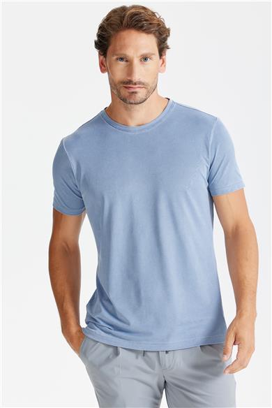 Mavi Sıfır Yaka Oxford Teknik Kumaş T-shirt