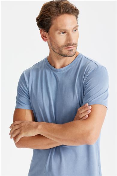 Mavi Sıfır Yaka Oxford Teknik Kumaş T-shirt