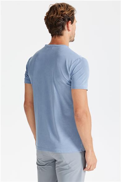 Mavi Sıfır Yaka Oxford Teknik Kumaş T-shirt