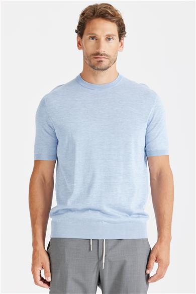 Mavi Sıfır Yaka Pamuk İpek Triko
