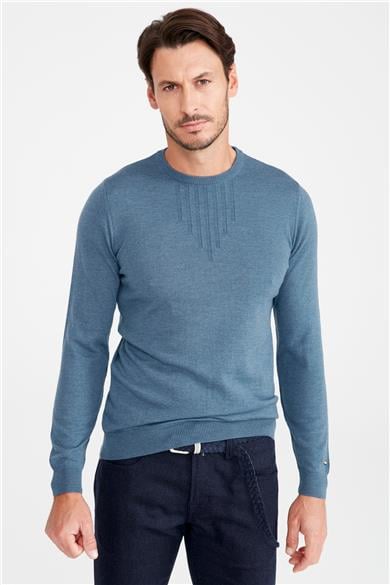 Mavi Sıfır Yaka Yün Triko