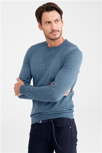Mavi Sıfır Yaka Yün Triko