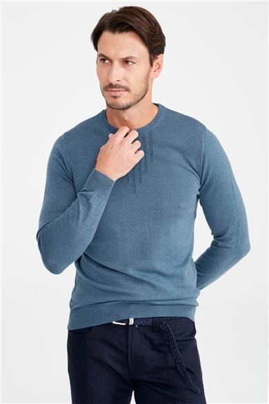 Mavi Sıfır Yaka Yün Triko