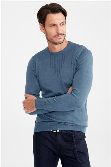 Mavi Sıfır Yaka Yün Triko