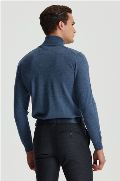 Mavi Tam Balıkçı Yün Triko