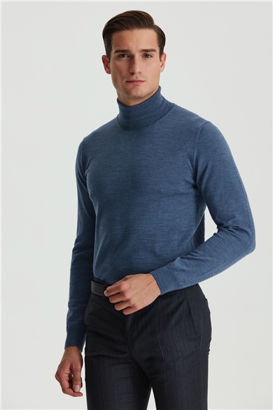 Mavi Tam Balıkçı Yün Triko